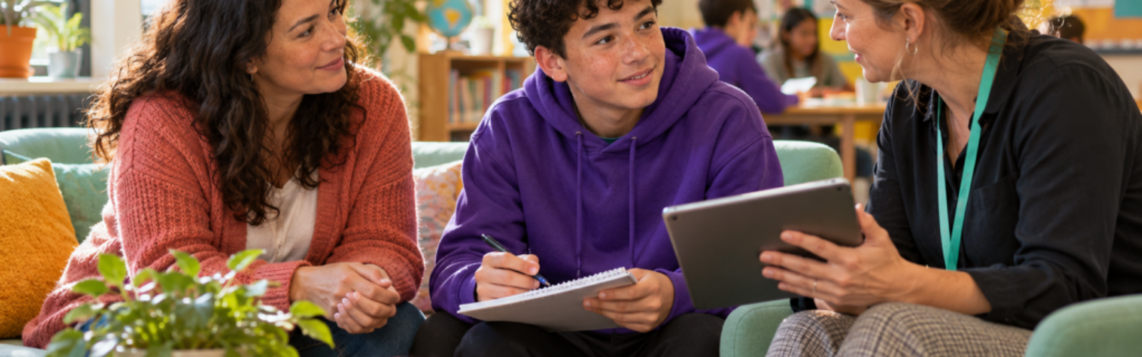 Illustrative scene of a young person, parent and teacher in conversation