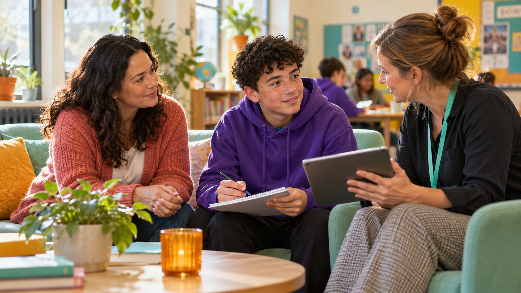 Illustrative scene of a young person, parent and teacher in conversation