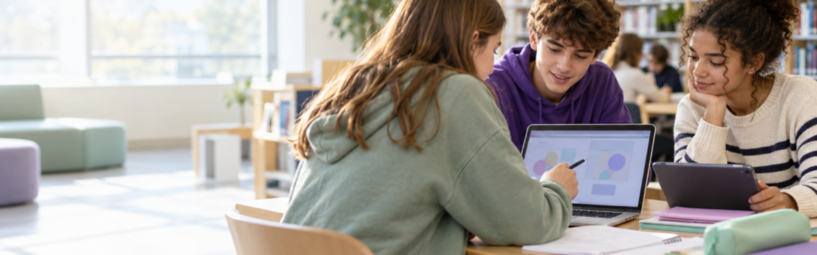 Illustrative scene of teenagers collaborating with a laptop and notebooks in a school library