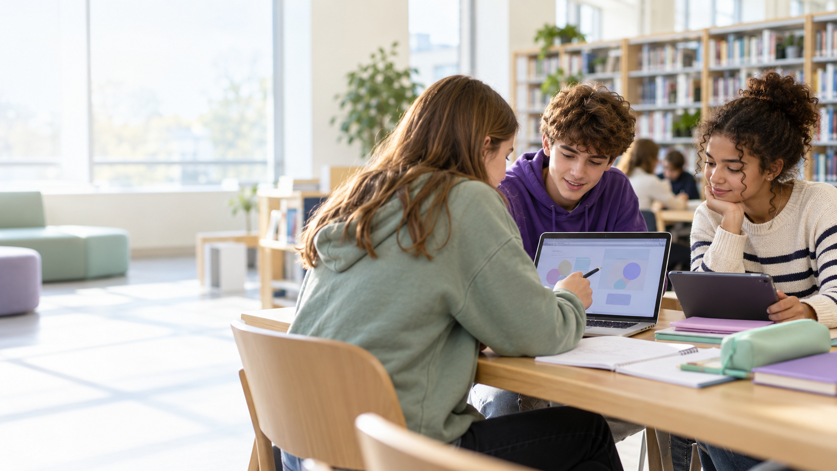 Illustrative scene of teenagers collaborating with a laptop and notebooks in a school library