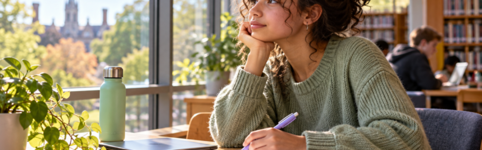 Illustrative scene of a teenager reflecting beside a notebook and a closed tablet