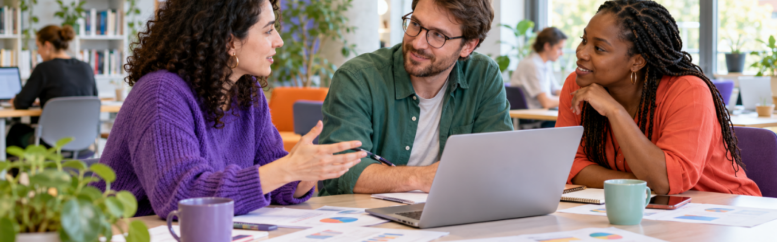 Illustrative scene of education researchers discussing evidence together