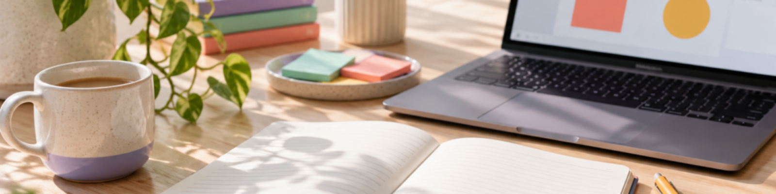 Illustrative learning workspace with a notebook, laptop and stationery